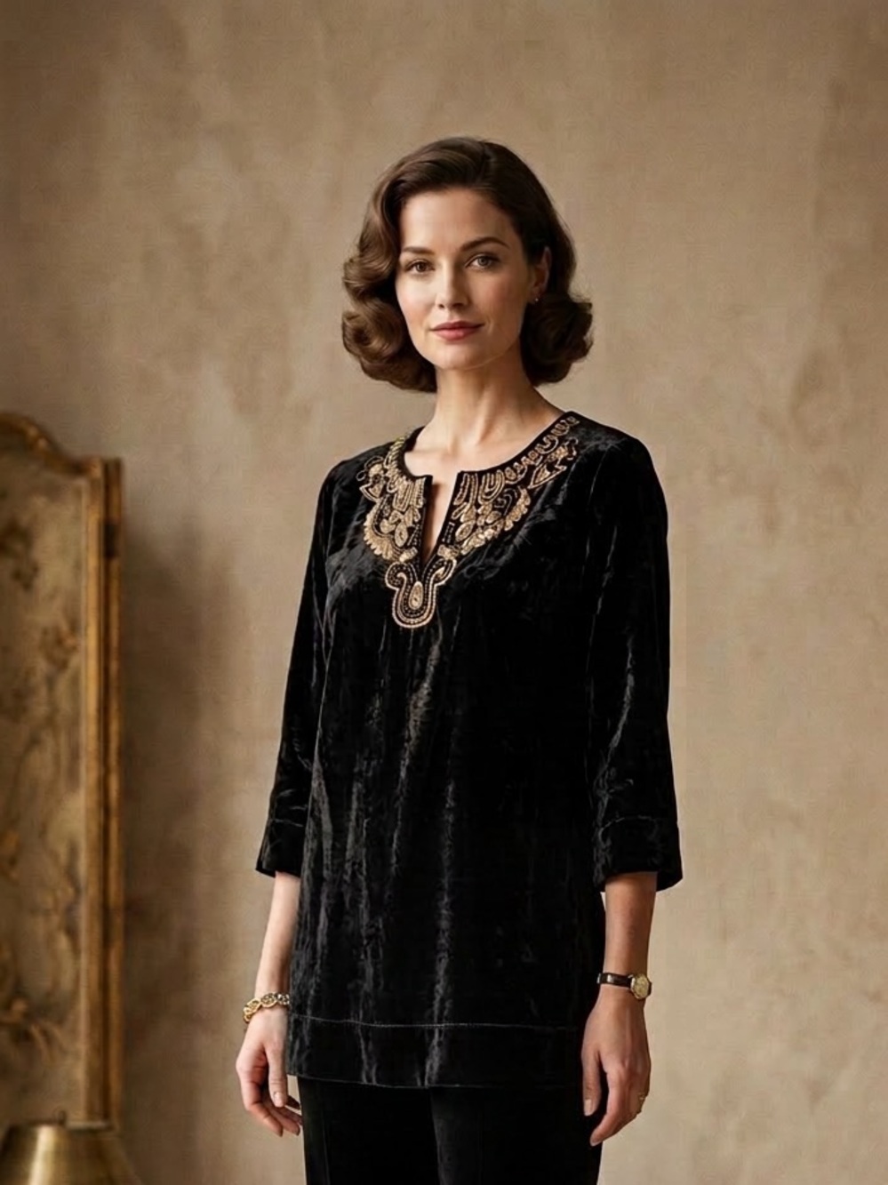 Soft Surroundings Crushed Velvet Gold Sequin Bead Trim Black Top Tunic Size XS